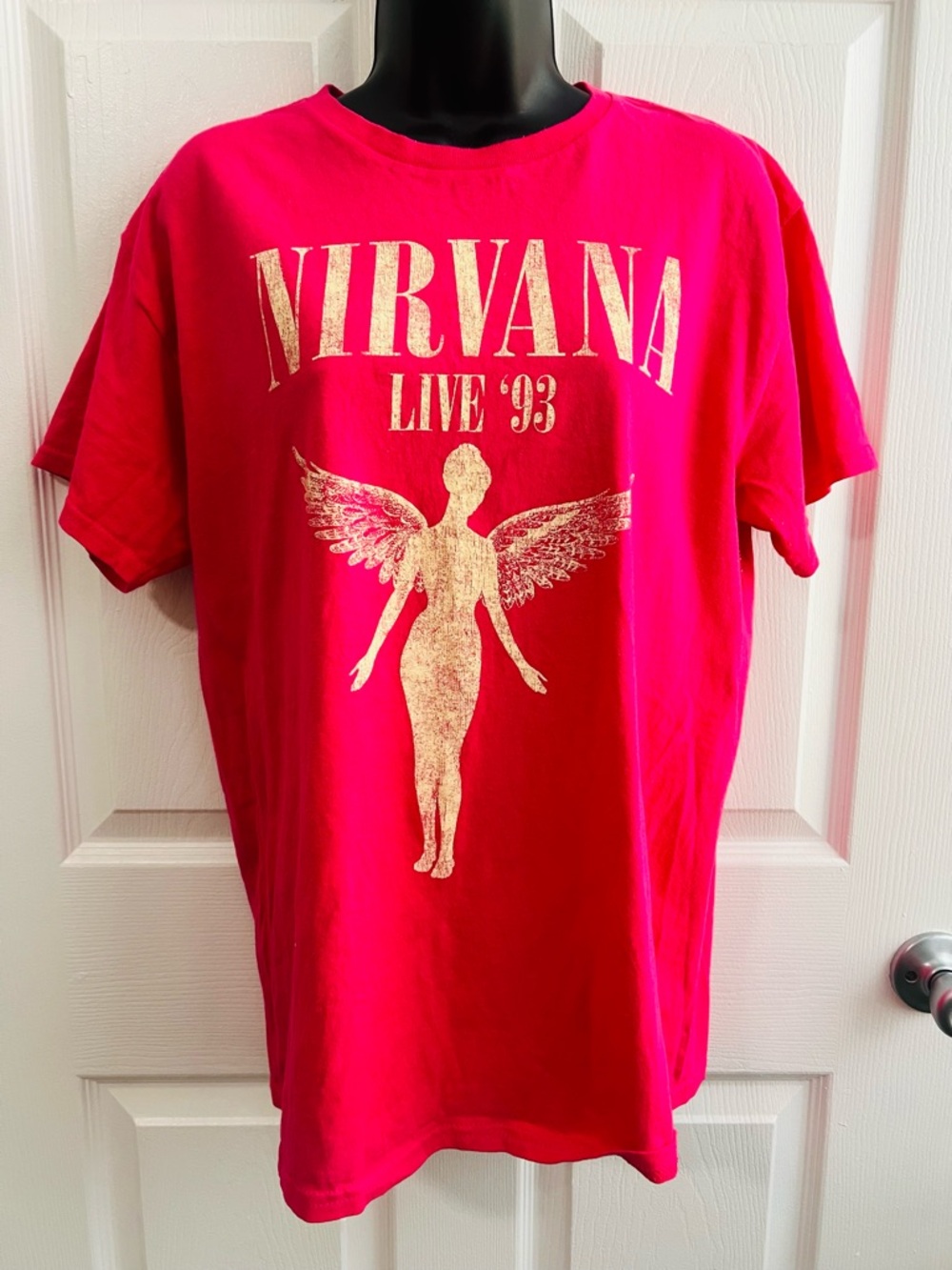 NIRVANA Hot Pink Tee with Metallic Gold Angel Graphic